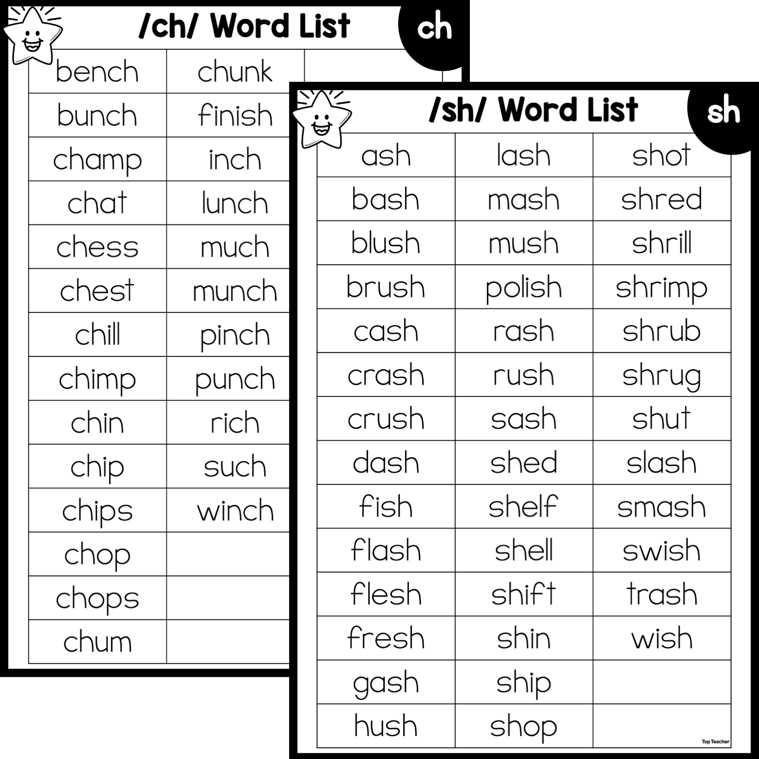 Sh Ch Th Teacher Word Lists Top Teacher