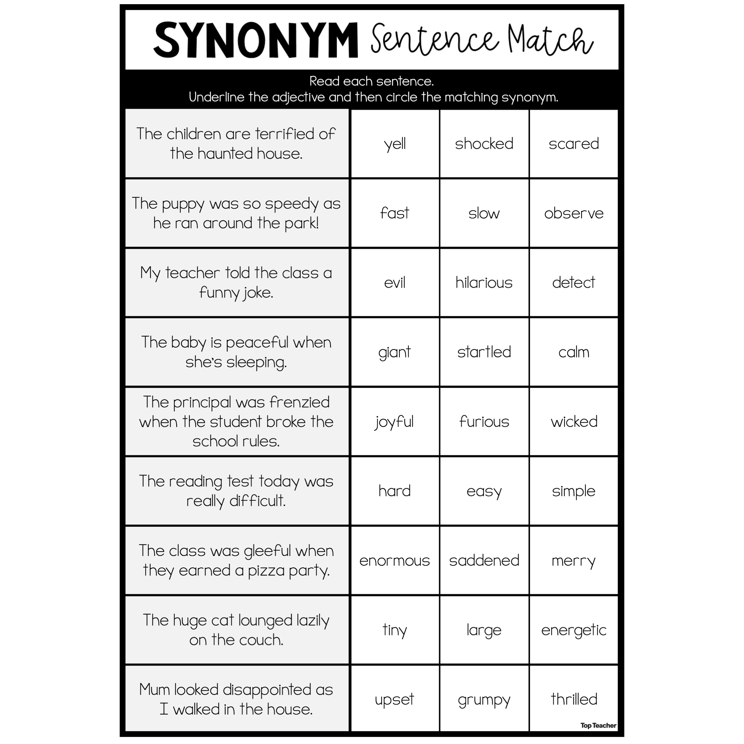 Synonym Sentence Match Worksheet - Top Teacher