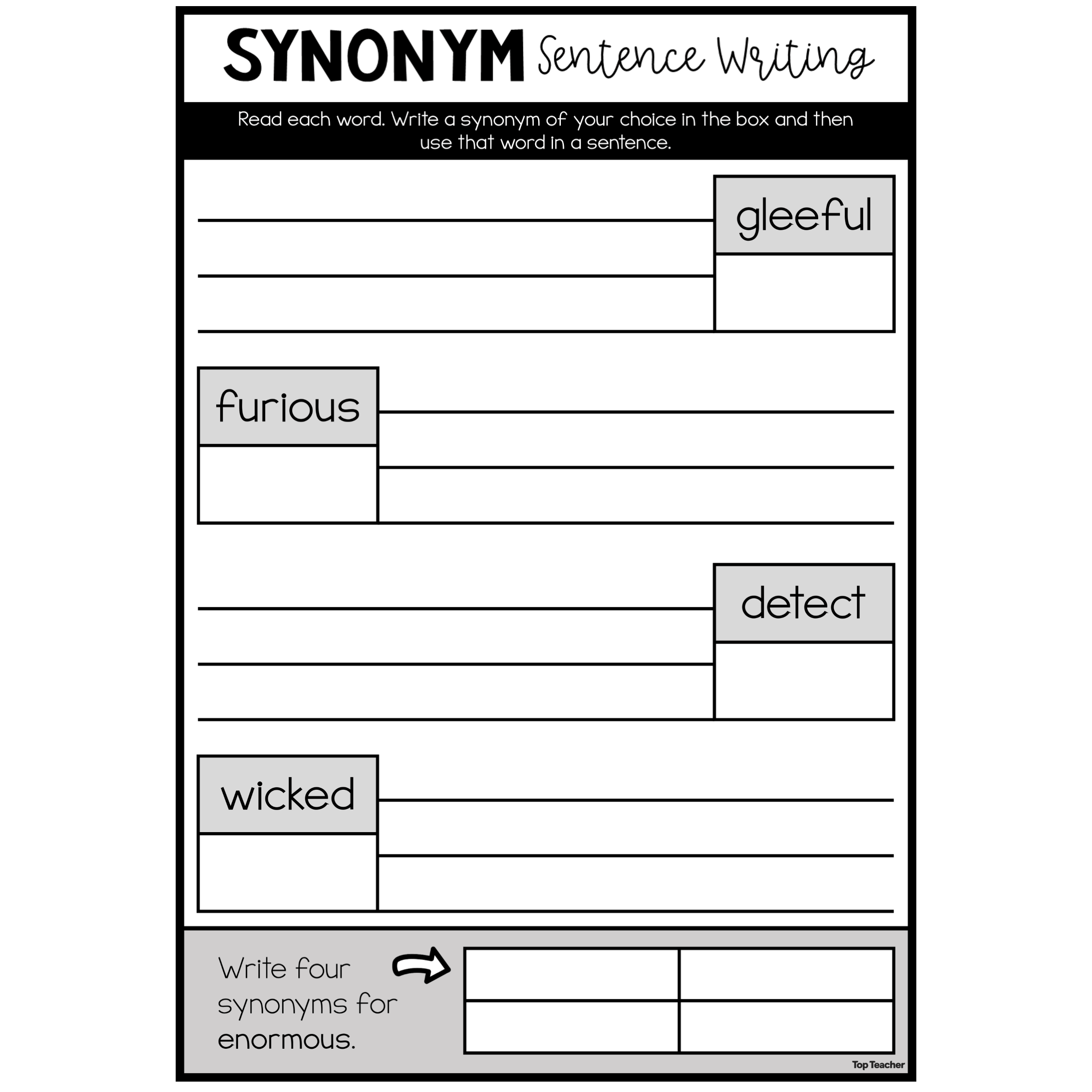 Synonym Sentence Writing Worksheets - Top Teacher